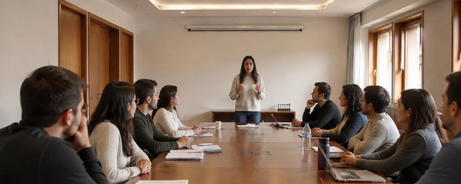 Três participantes conversando na ponta de uma mesa comprida