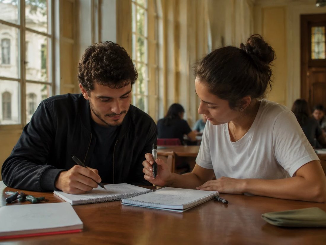 Participantes de mochila conversando no corredor de uma universidade